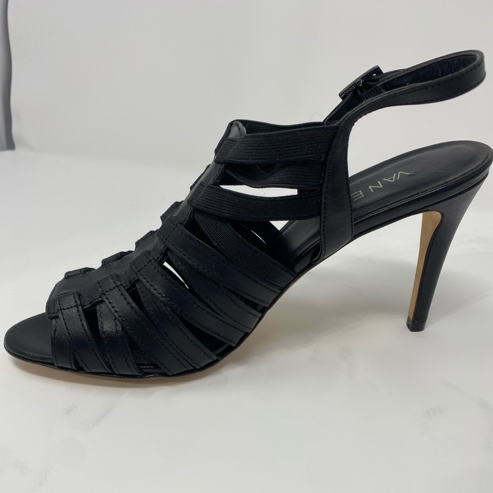VANELI Women’s Black Leather Strap High Heels Open Toe Sexy Buckle Size 8 Narrow